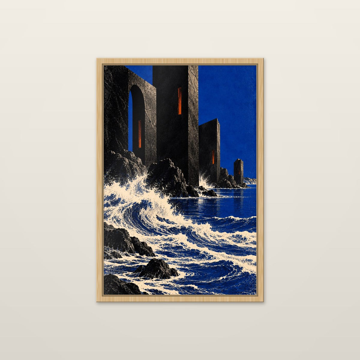 Black Towers by OVREL in a natural oak frame.