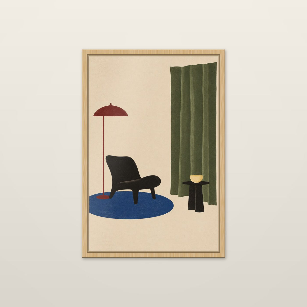 Black Chair, Red Lamp by OVREL in a natural oak frame.