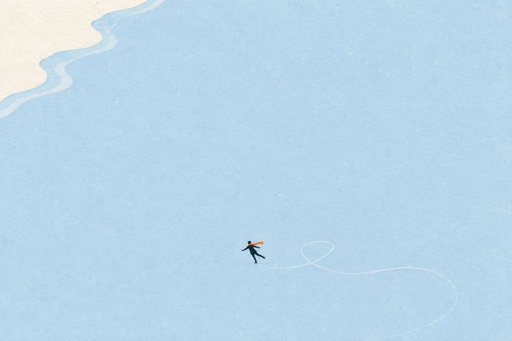 One Skater — tiny ice skater and trail on pale blue ice; art print, unframed