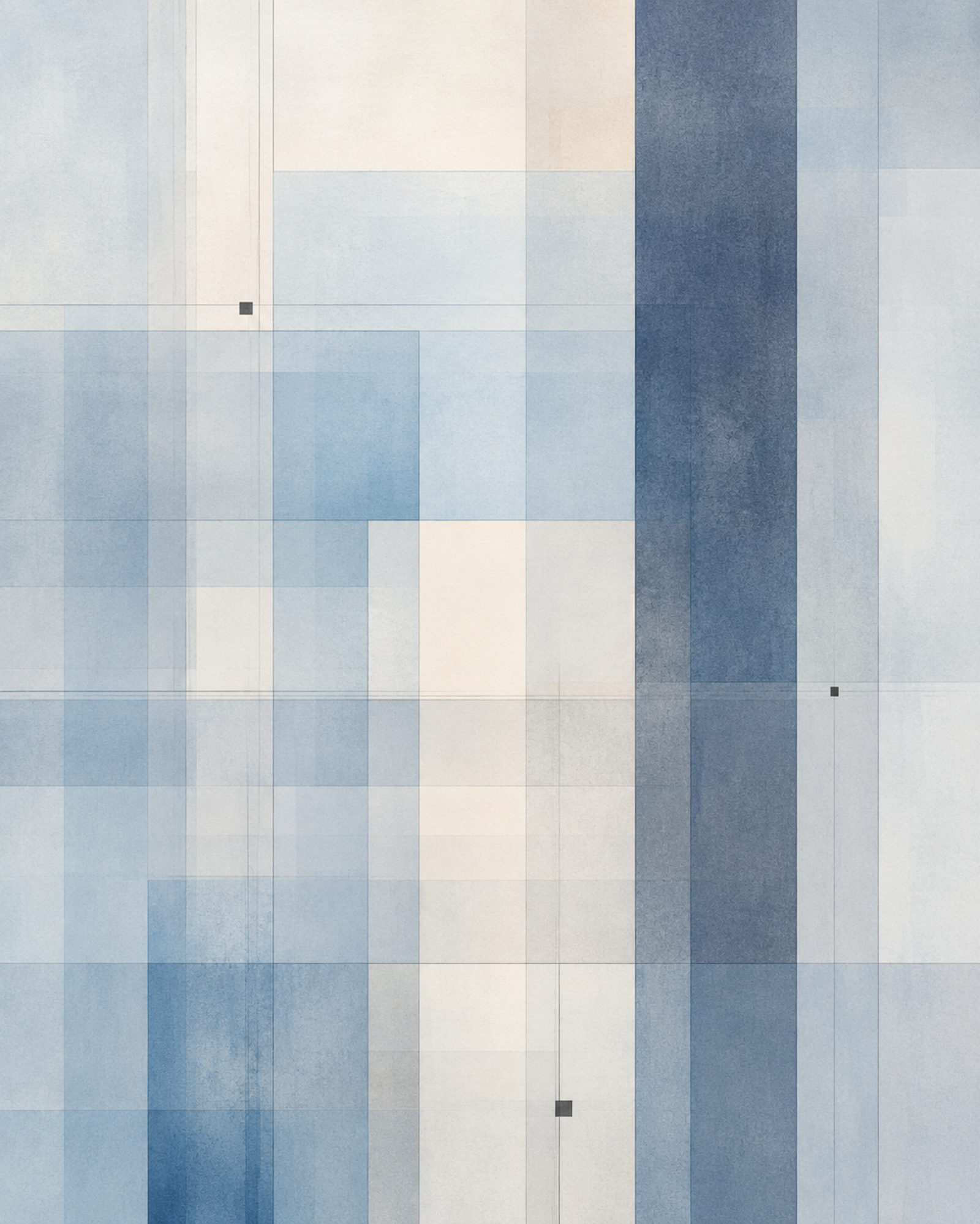 Blue Hour Grid, an OVREL print: overlapping translucent panes of cool blue and bone