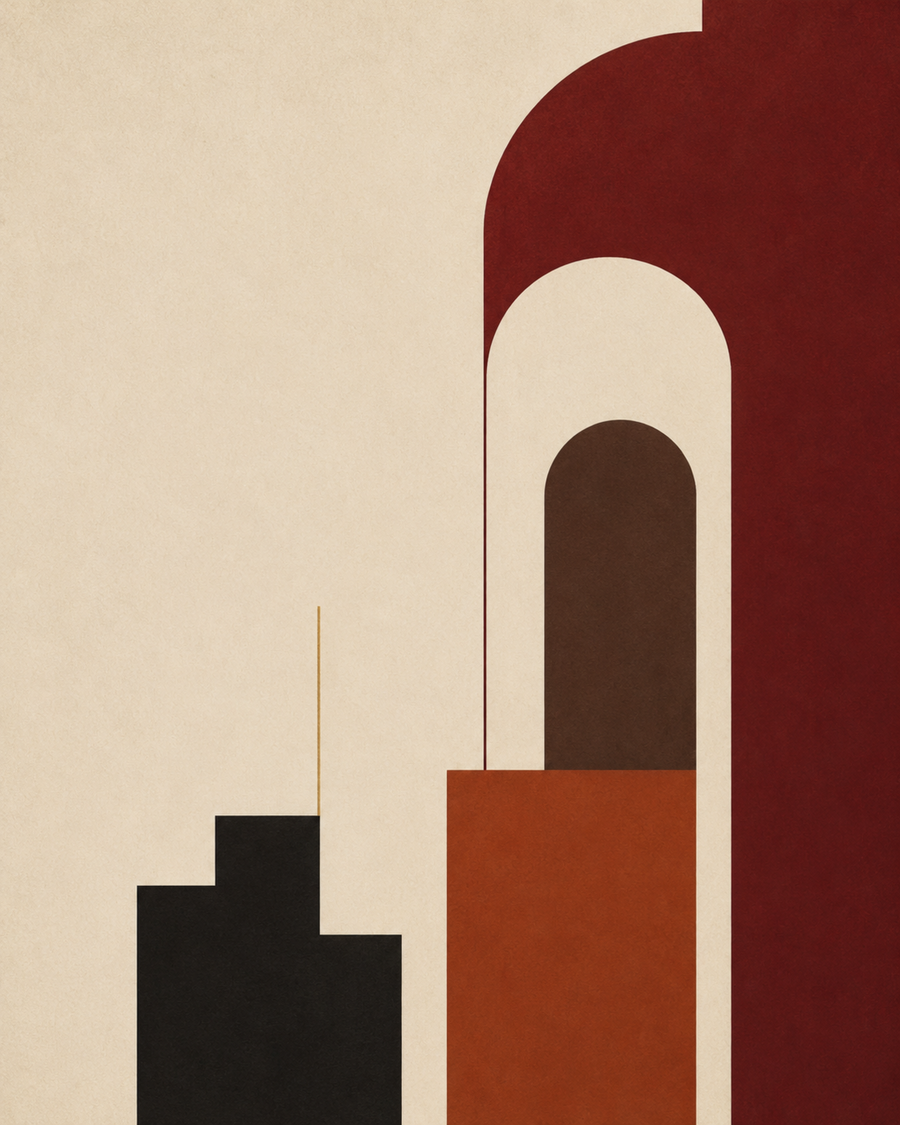 Quiet Geometry No. 2, an OVREL print: oxblood and rust arches over a black block on bone paper