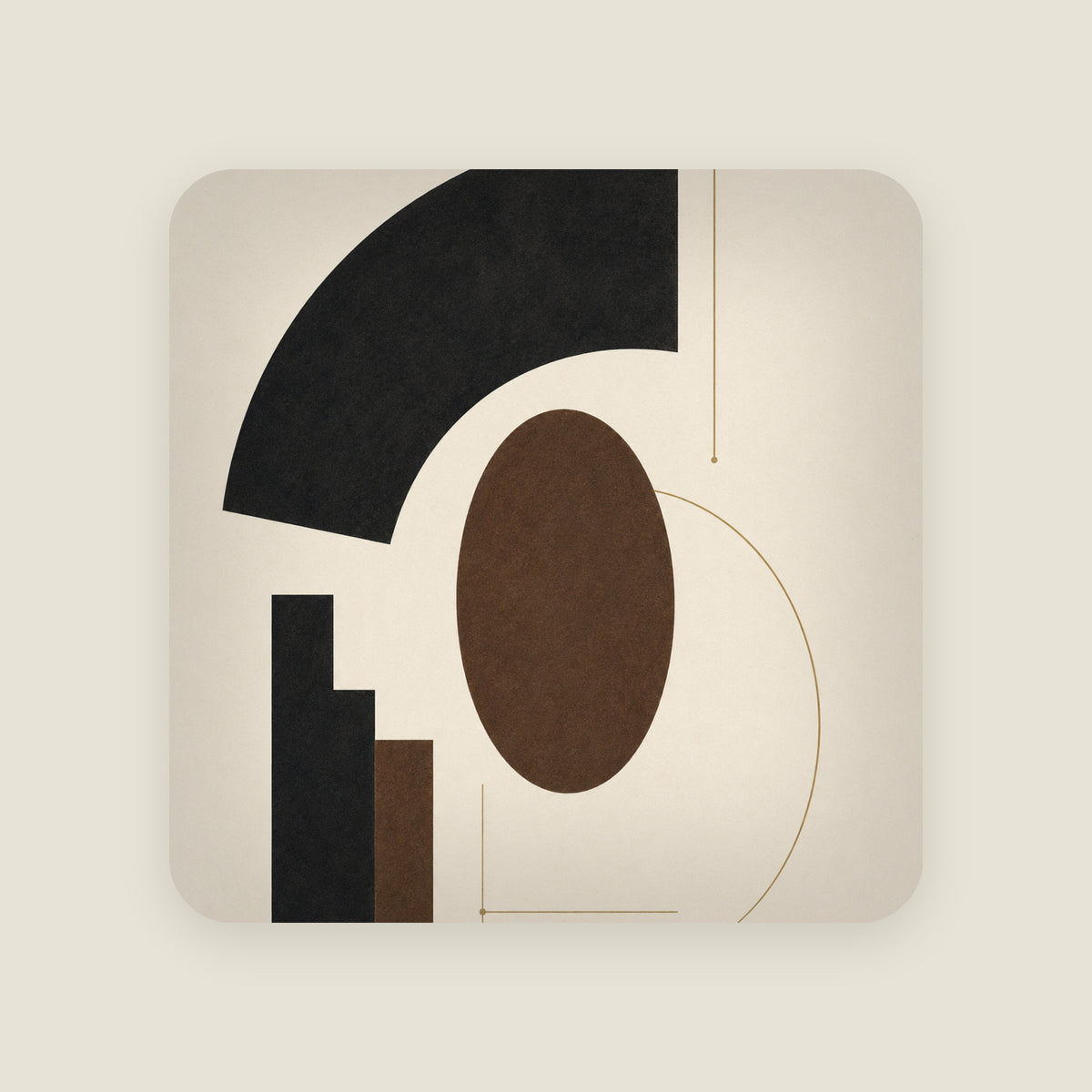 Quiet Geometry No. 1 cushion: a black arc, brown oval and two gold hairlines on bone, on a 24 by 24 inch faux-suede cushion.