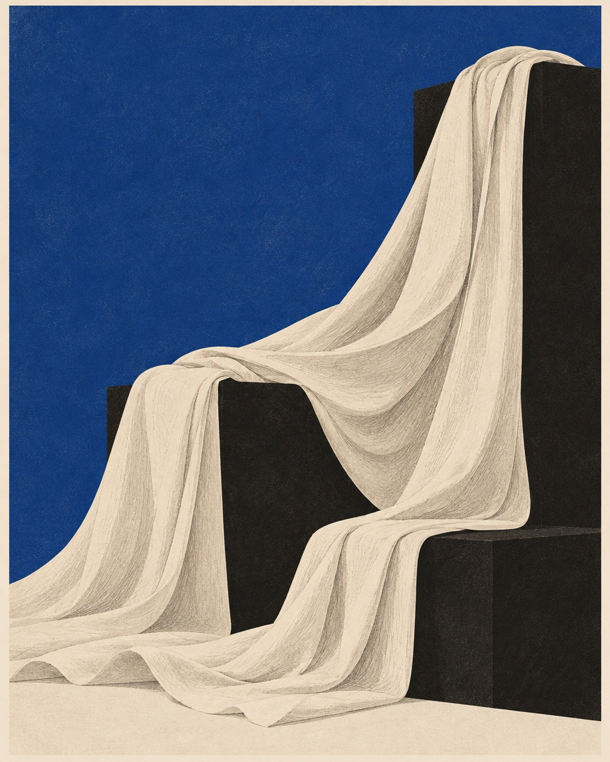 Drapery, Blue Field, the unframed sheet. Ivory cloth falling over black plinths against saturated blue.