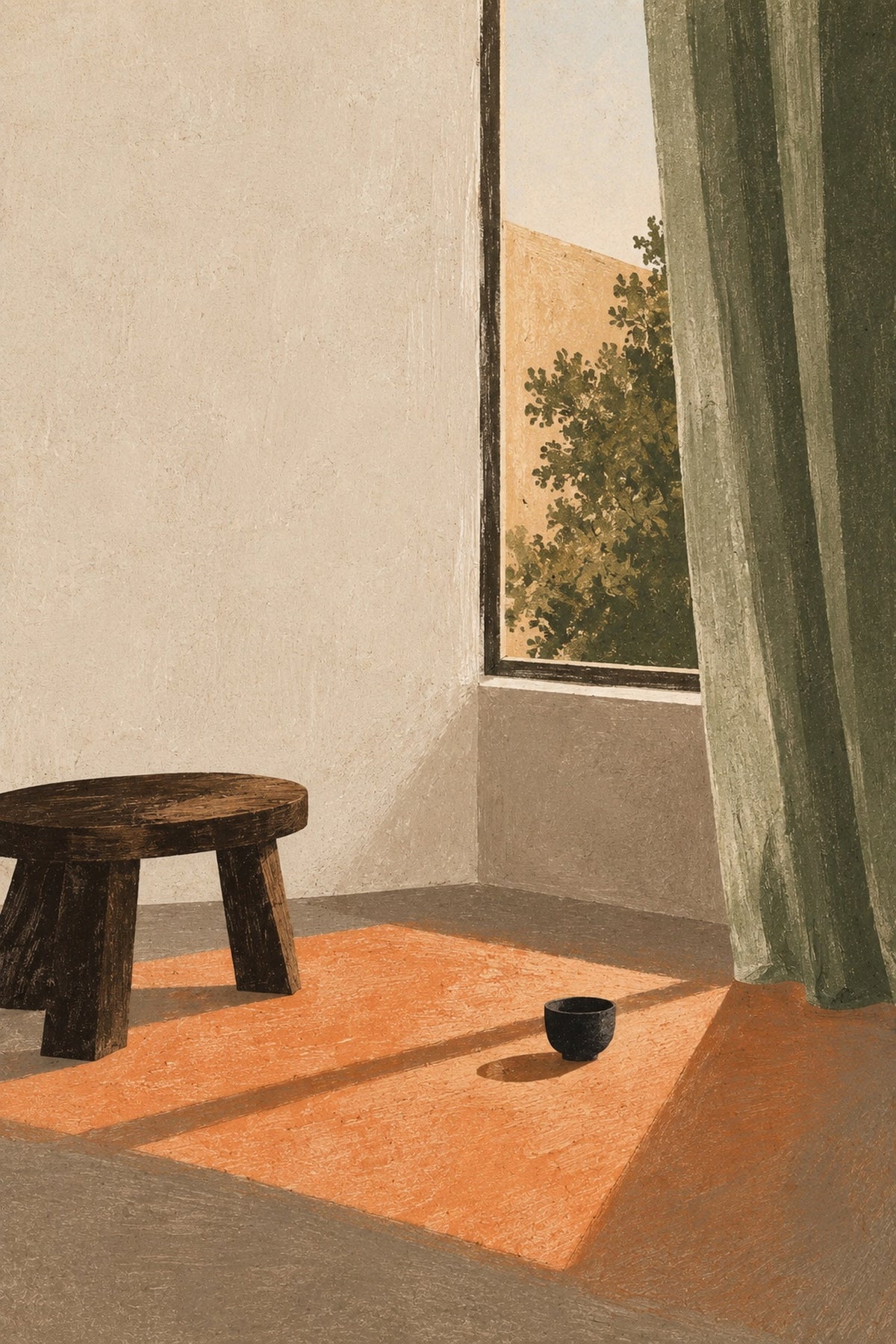 Stool, Late Sun, the unframed sheet. A wooden stool, an olive curtain and a wedge of orange light.