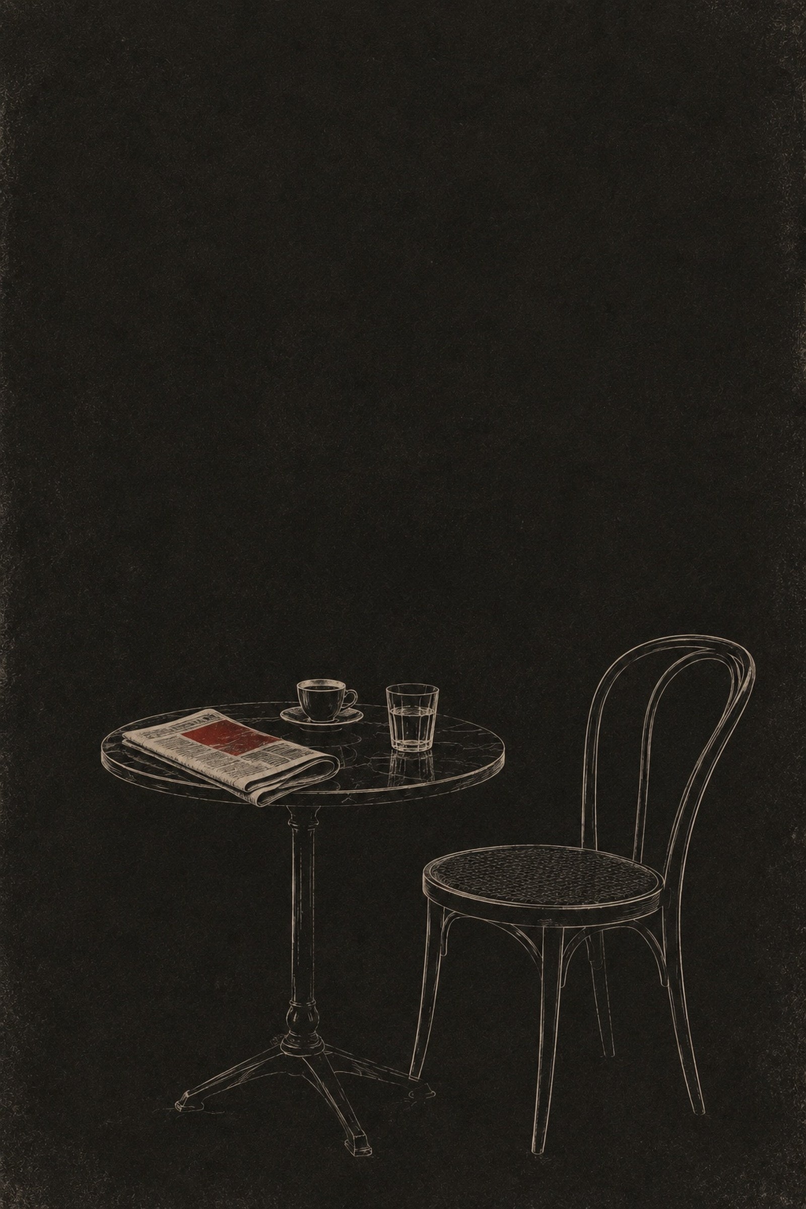Table for One, the unframed sheet. A café table, a bentwood chair and a folded paper in ivory line on black.