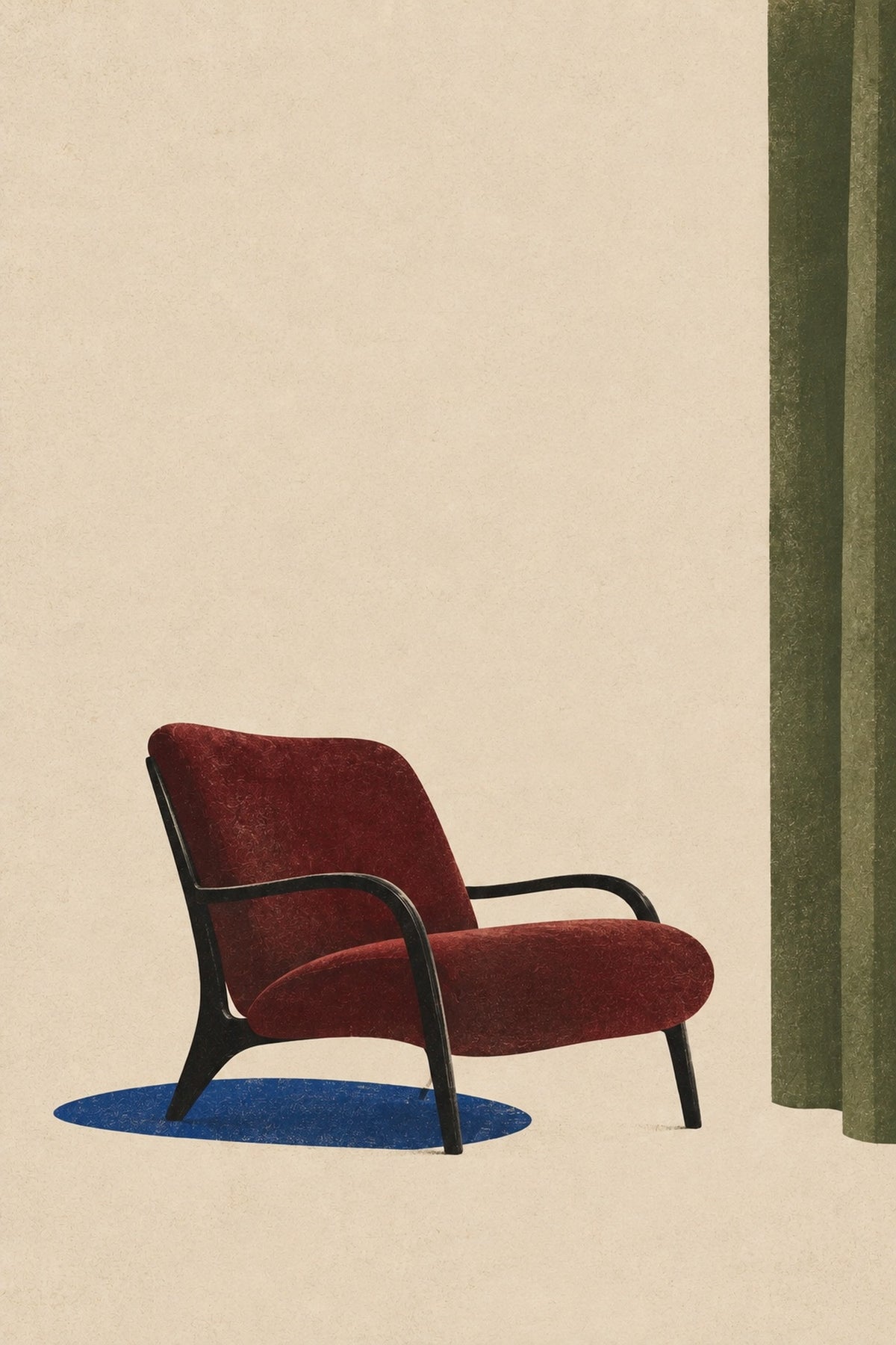 Red Lounge, the unframed sheet. One red lounge chair on a cobalt ellipse.