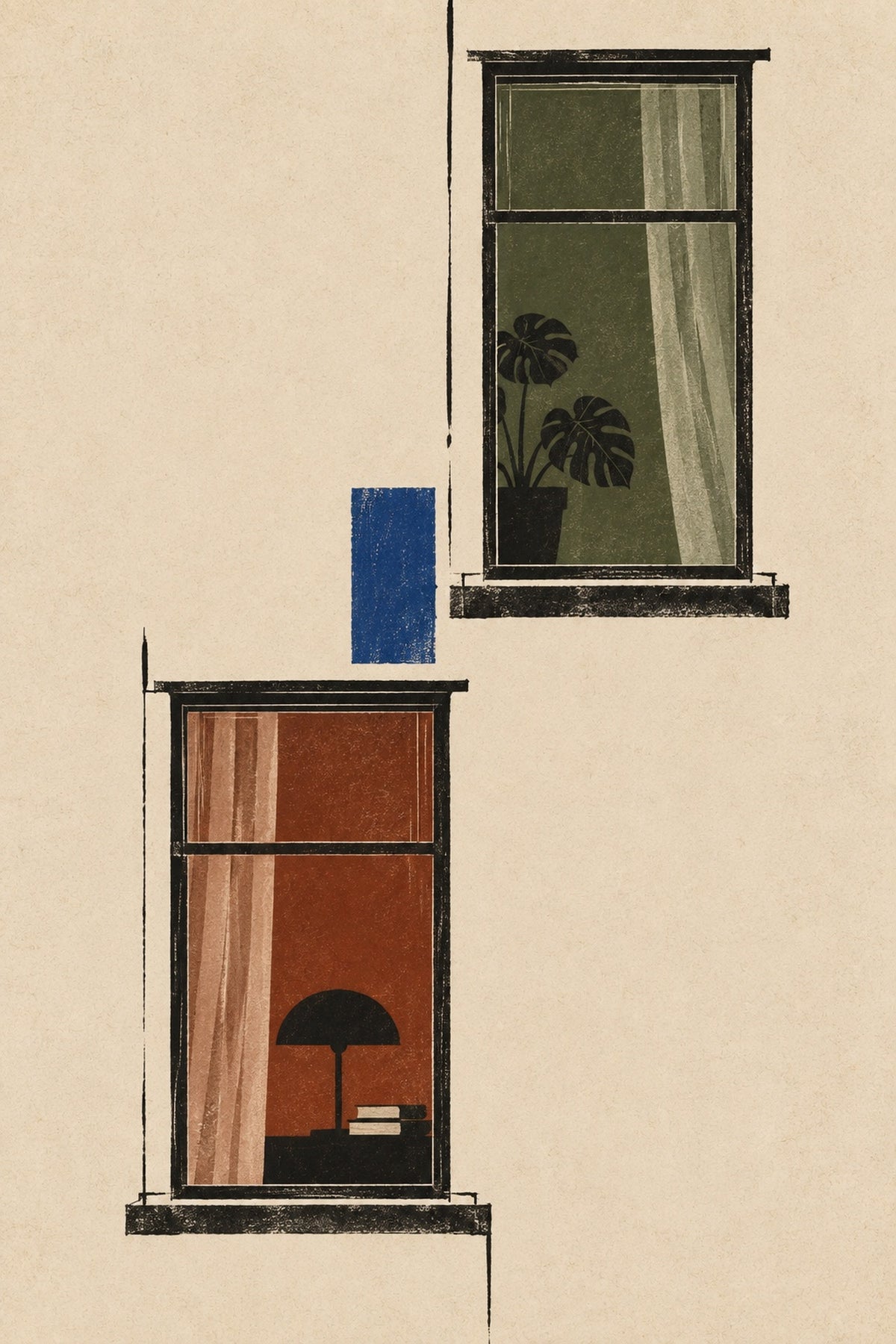Two Windows, the unframed sheet. Two offset windows, an olive blind and a rust cabinet.
