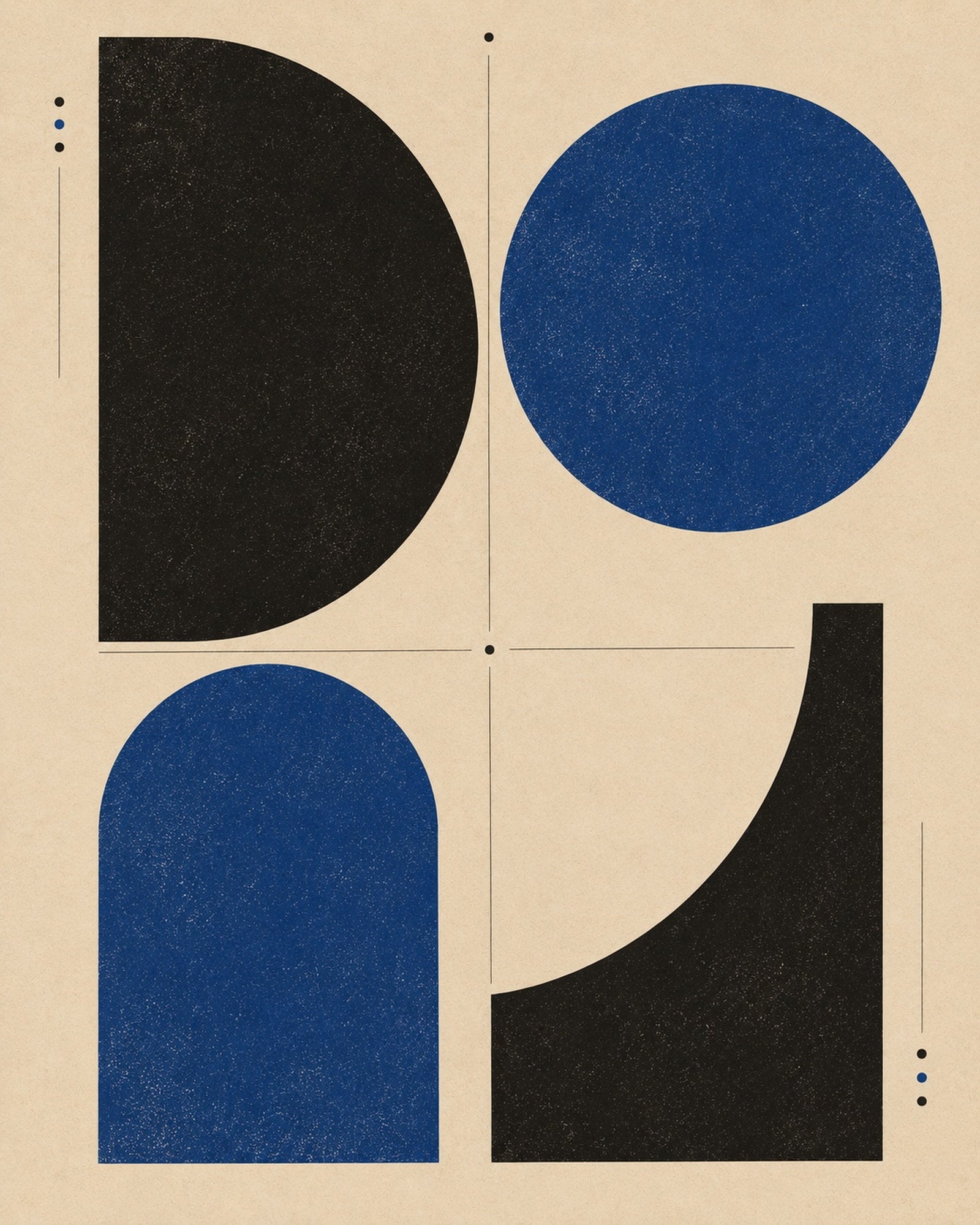 Four Quarters, the unframed sheet. Four cells of cobalt and black geometry on warm ivory.