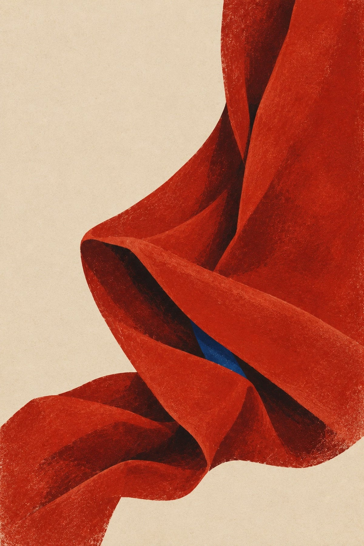 Red Fold, the unframed sheet. A single length of red cloth, folded and lit, on warm cream.