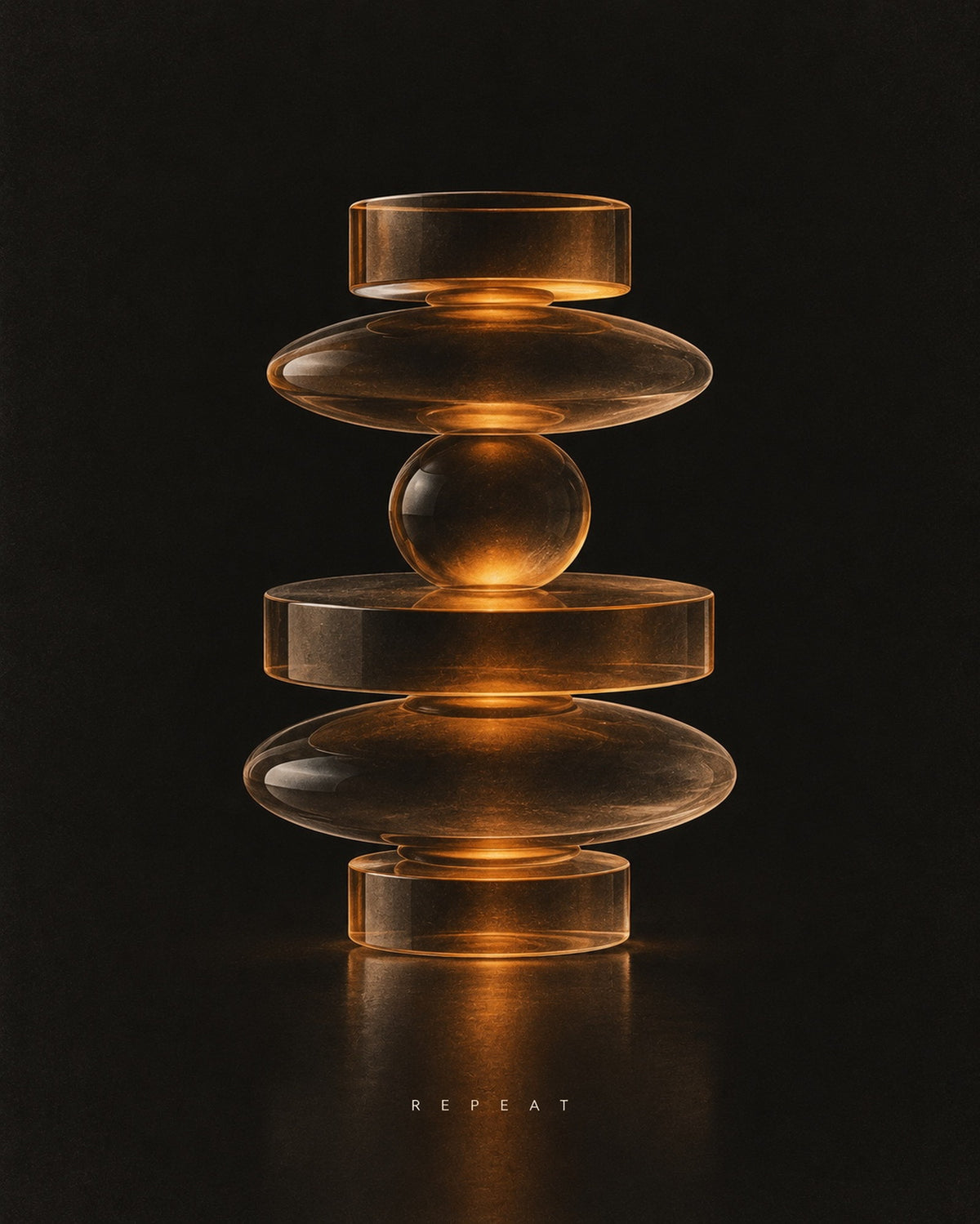 Repeat, the unframed sheet. Stacked amber glass forms lit from within, on black.