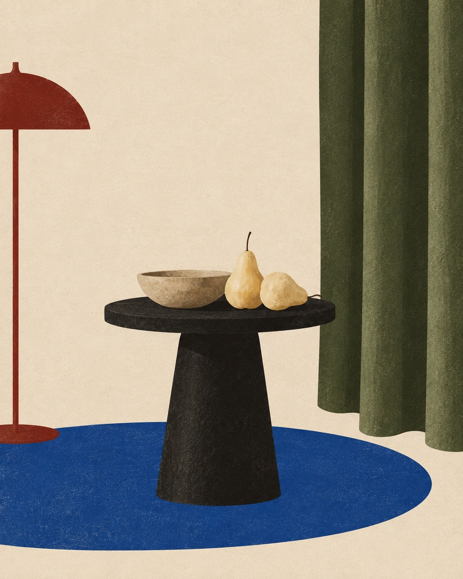 Pears, Green Curtain, the unframed sheet. A pedestal table, two pears and a bowl against an olive curtain.