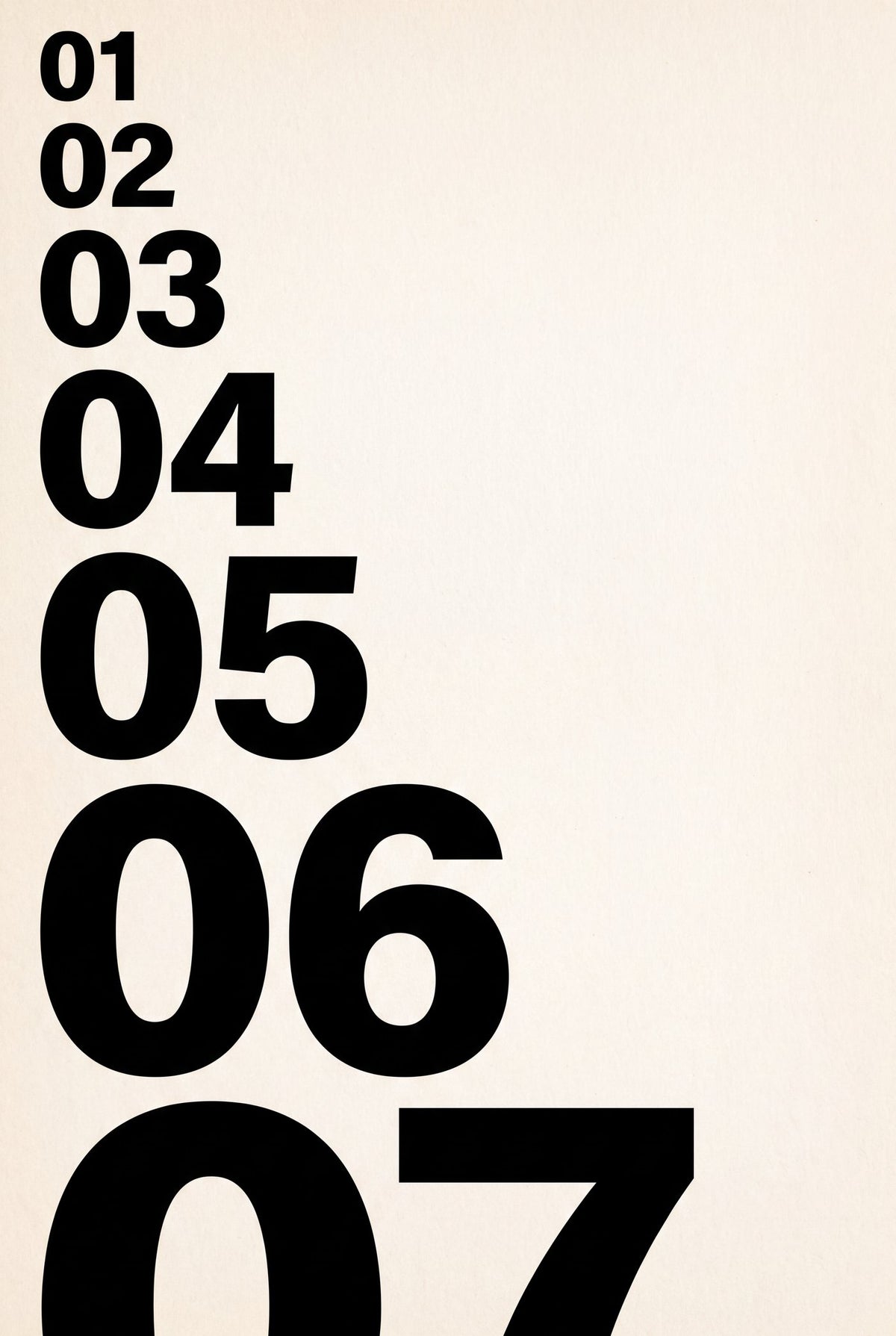 Black Index — numbers 01 to 07 growing in size down the sheet; art print, unframed
