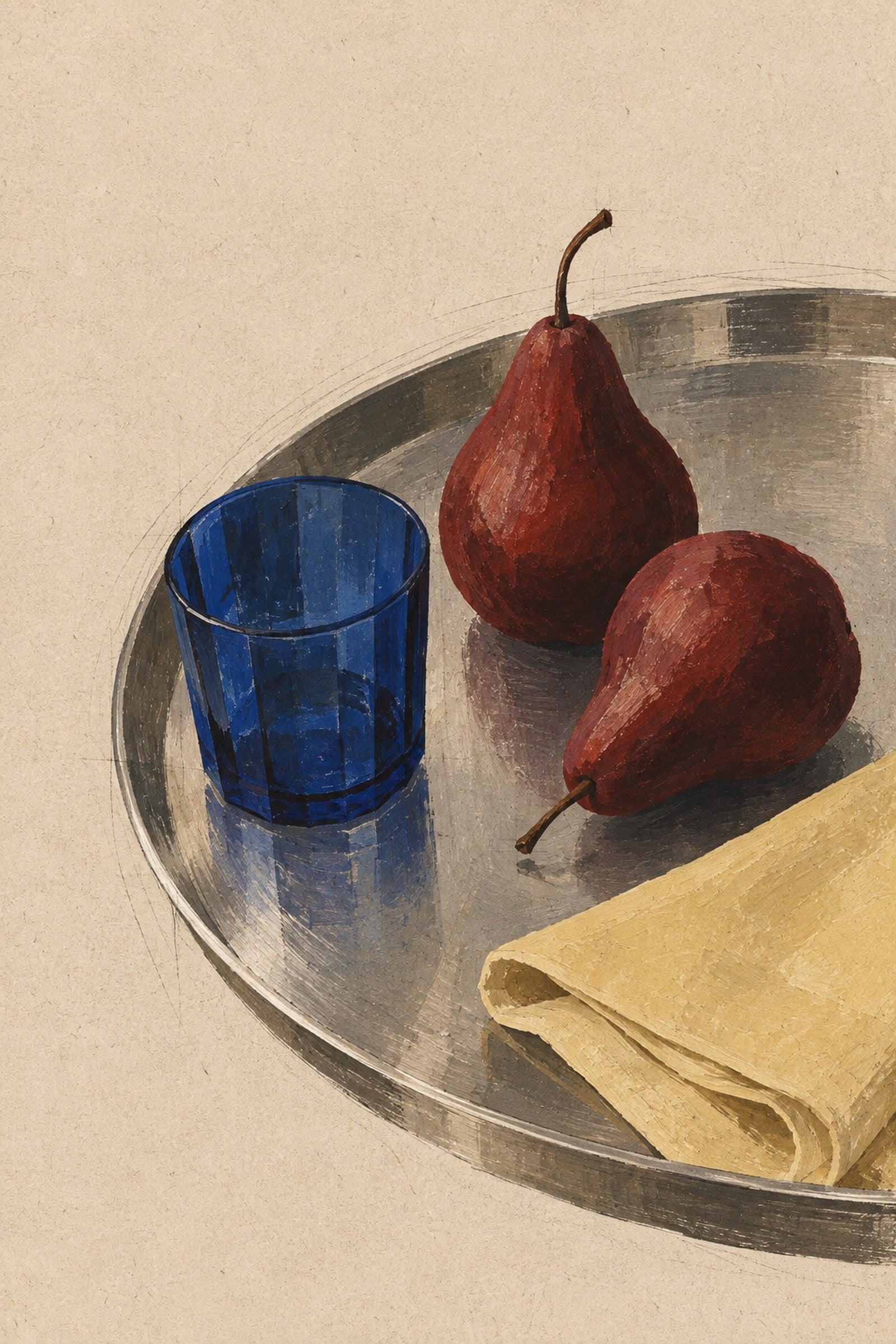 Pears and Cobalt Glass, the unframed sheet. Red pears and a cobalt glass on a metal tray.