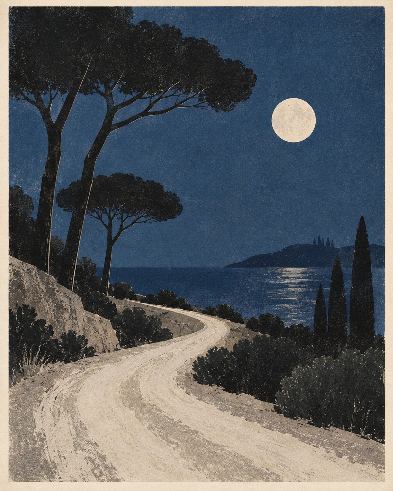 Moonlit Road, the unframed sheet. A pale road winding down to the sea under a full moon.
