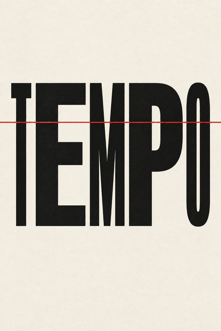 Tempo, the unframed sheet. TEMPO in black on cream, struck through with a single red line.