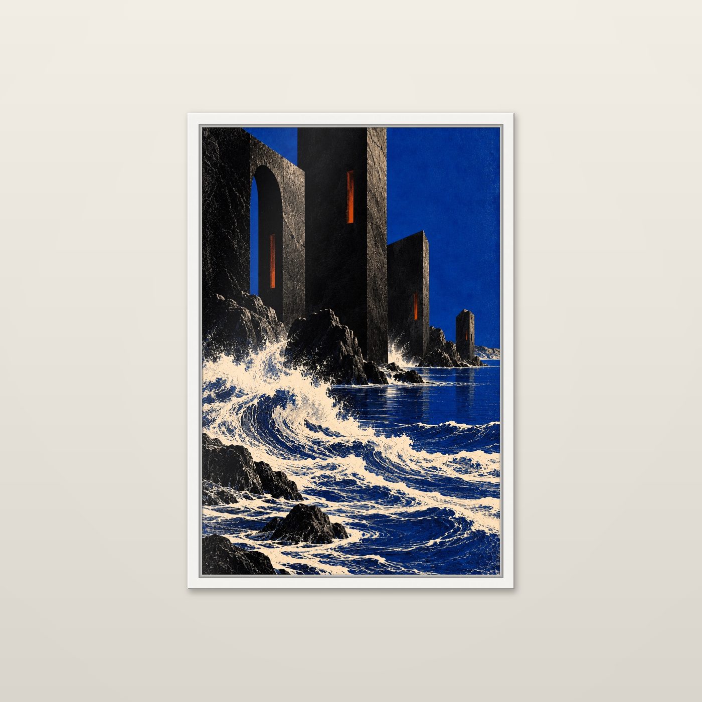 Black Towers by OVREL in a white frame.